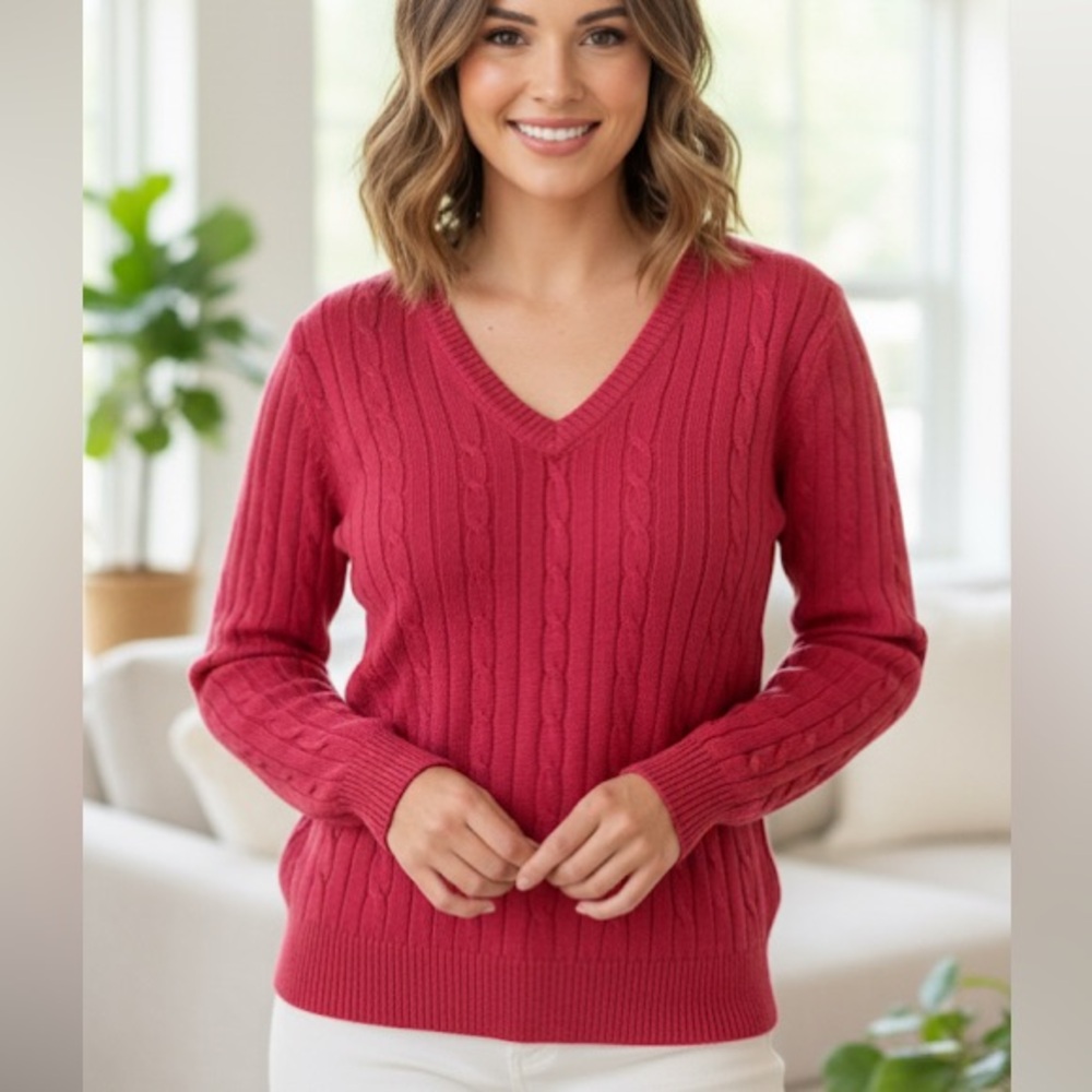 VINTAGE Northern Isles Red V Neck Cable Knit Sweater